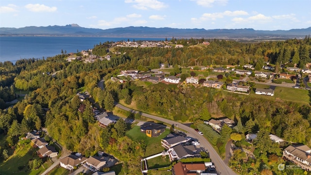 aerial view featuring a water and mountain view