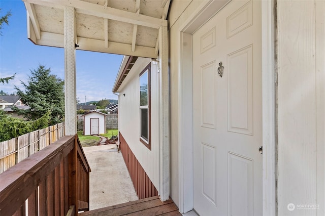 exterior space featuring a shed