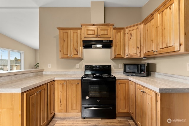 kitchen with kitchen peninsula, lofted ceiling, light hardwood / wood-style floors, and black range with electric stovetop