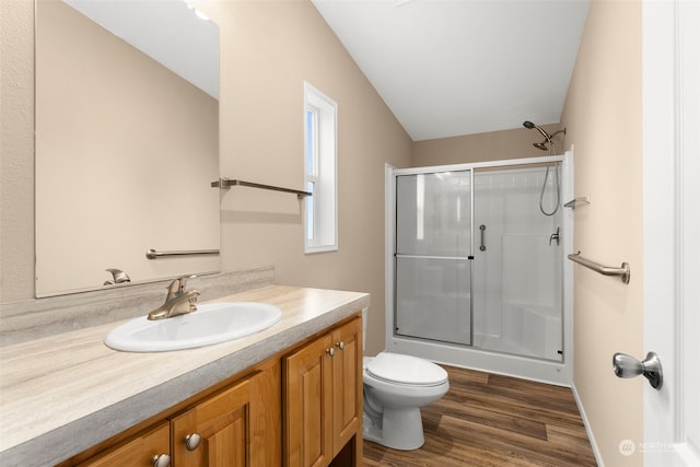 bathroom with vanity, lofted ceiling, toilet, hardwood / wood-style floors, and an enclosed shower