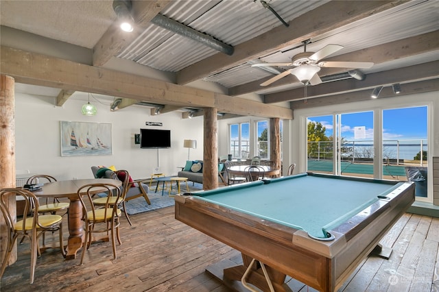 rec room featuring beam ceiling, ceiling fan, wood-type flooring, and billiards