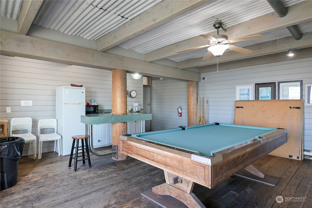 playroom featuring ceiling fan, wooden walls, dark wood-type flooring, beam ceiling, and billiards