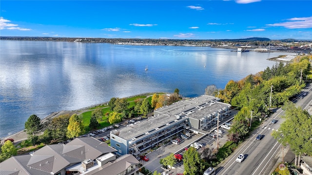 bird's eye view with a water view