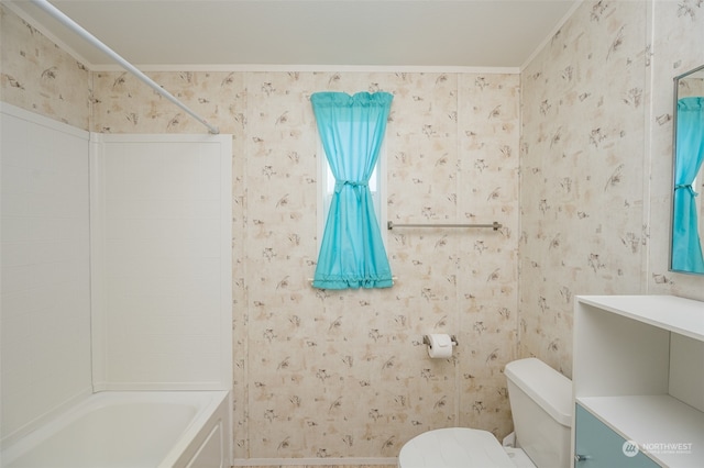 full bathroom with shower / bathtub combination, crown molding, vanity, and toilet