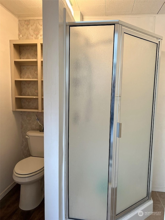 bathroom featuring a shower stall and toilet