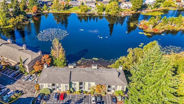 drone / aerial view featuring a water view