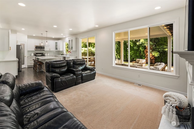 living room featuring light hardwood / wood-style floors and sink