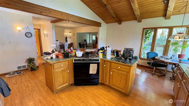 kitchen with pendant lighting, kitchen peninsula, light hardwood / wood-style floors, and black / electric stove