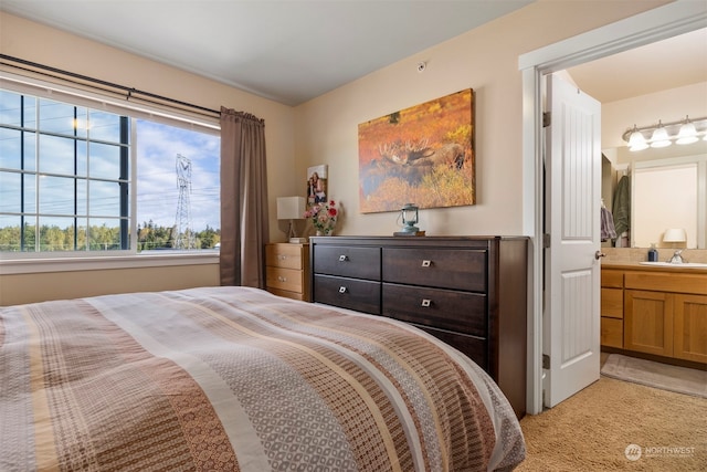 bedroom with sink and light colored carpet