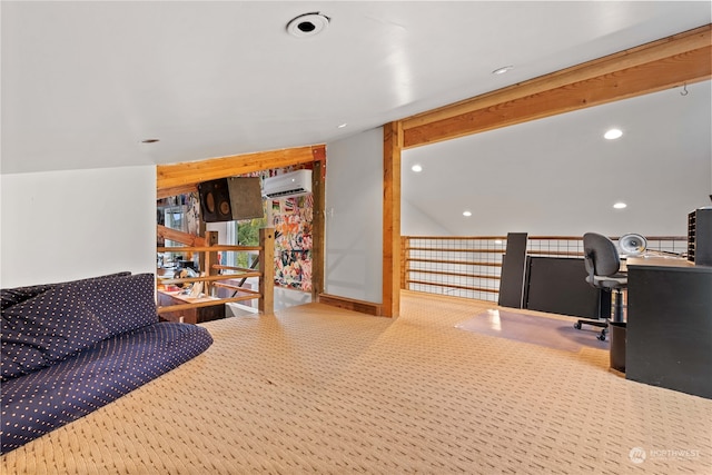 bedroom featuring carpet flooring and a wall mounted air conditioner