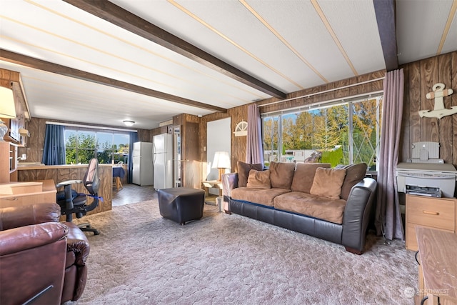 carpeted living room featuring beam ceiling and wooden walls