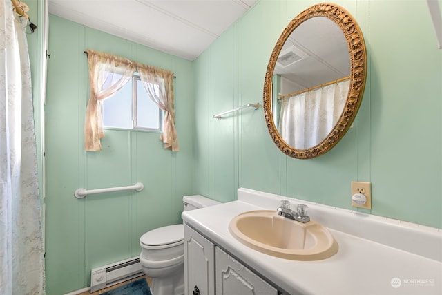 bathroom with vanity, a baseboard radiator, toilet, and curtained shower