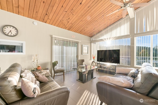 living room featuring lofted ceiling, a healthy amount of sunlight, ceiling fan, and wood ceiling