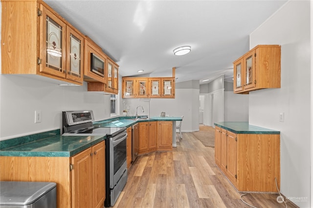 kitchen featuring sink, stainless steel electric range oven, and light hardwood / wood-style flooring