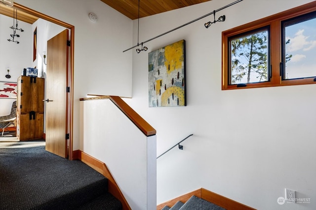 stairs featuring baseboards and carpet floors