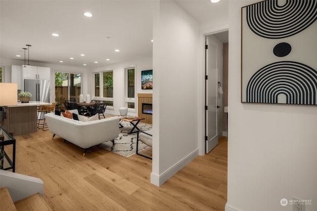 living room with light wood-type flooring and a fireplace