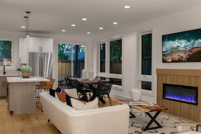 living room with light hardwood / wood-style flooring and sink