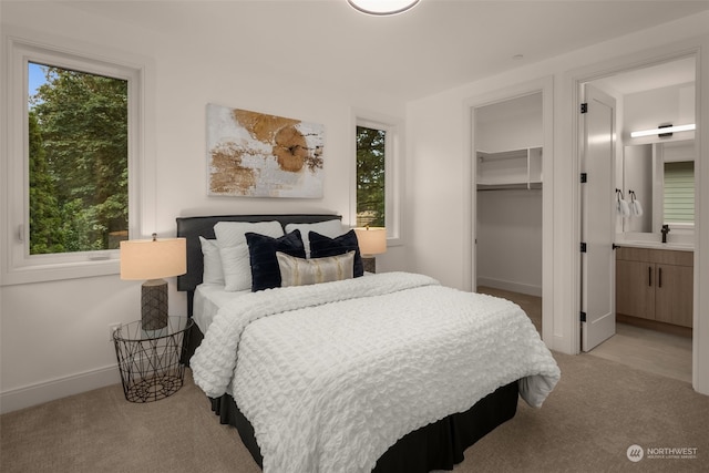 carpeted bedroom featuring ensuite bathroom, a walk in closet, and a closet