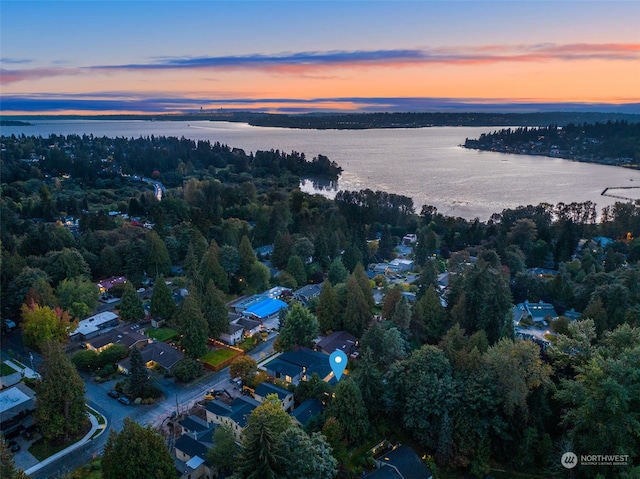 aerial view at dusk featuring a water view