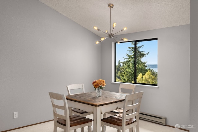 dining area with light carpet, a textured ceiling, a chandelier, vaulted ceiling, and baseboard heating