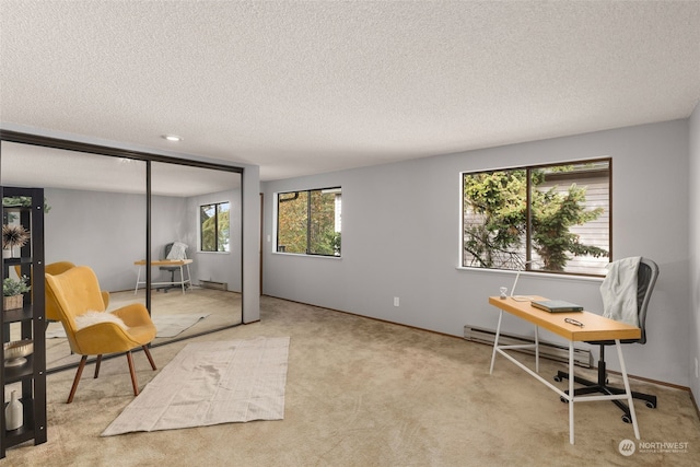 sitting room with a textured ceiling and light colored carpet