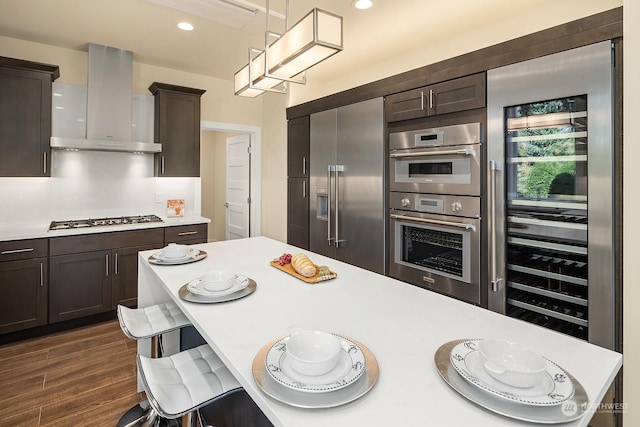kitchen with dark brown cabinets, ventilation hood, light countertops, and stainless steel appliances