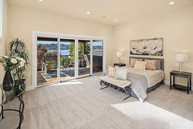 bedroom with access to outside, recessed lighting, baseboards, and carpet floors