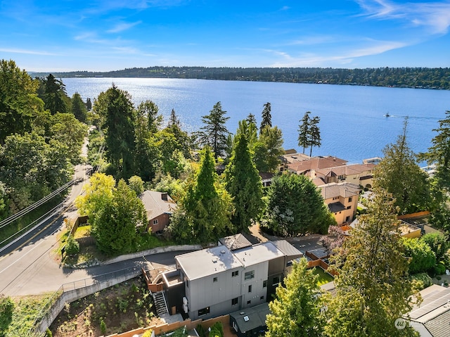 bird's eye view with a water view