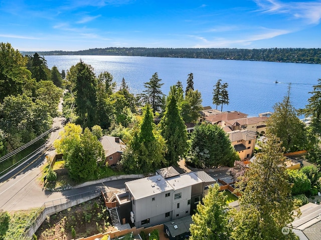 drone / aerial view with a water view and a residential view