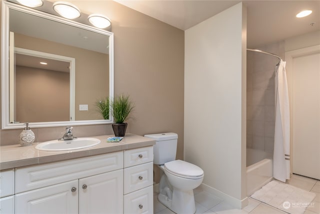 full bathroom featuring shower / bath combination with curtain, vanity, tile patterned flooring, and toilet