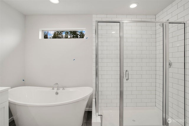 bathroom featuring vanity and separate shower and tub