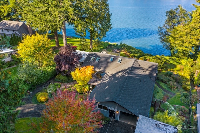 aerial view featuring a water view