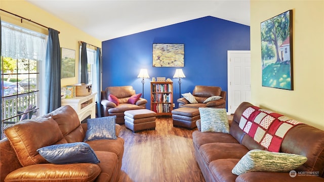 living room with wood-type flooring and vaulted ceiling