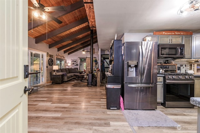 kitchen featuring ceiling fan, wood ceiling, stainless steel appliances, lofted ceiling with beams, and light wood-type flooring