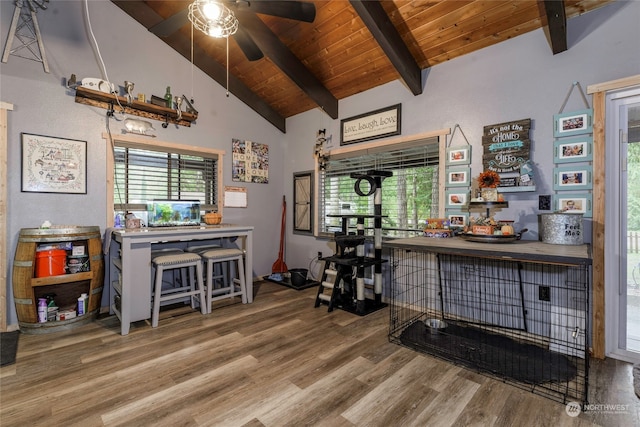 interior space with wood-type flooring, beamed ceiling, high vaulted ceiling, ceiling fan, and wooden ceiling