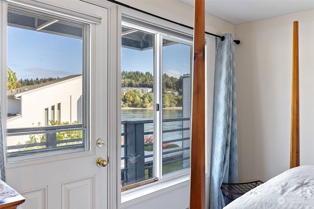 entryway featuring a water view and a wealth of natural light