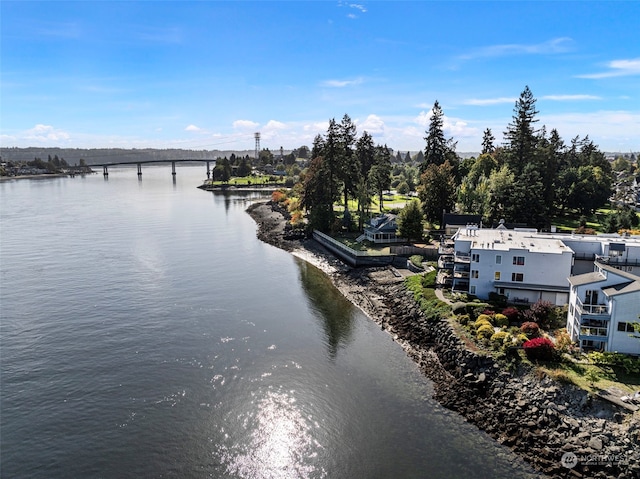 drone / aerial view featuring a water view