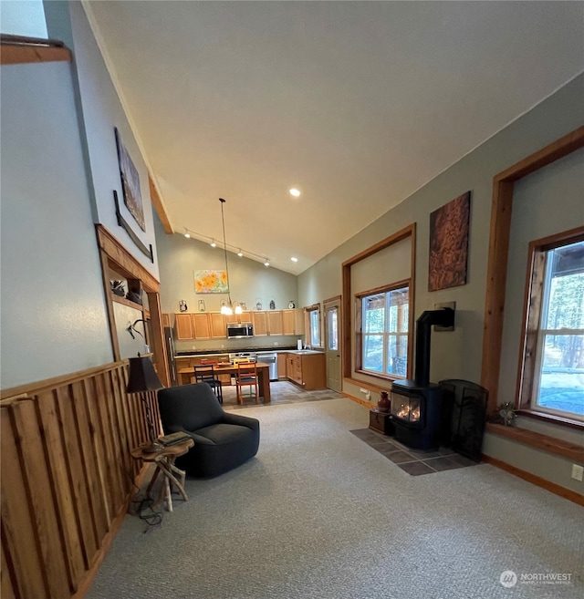 carpeted living room with vaulted ceiling and a wood stove