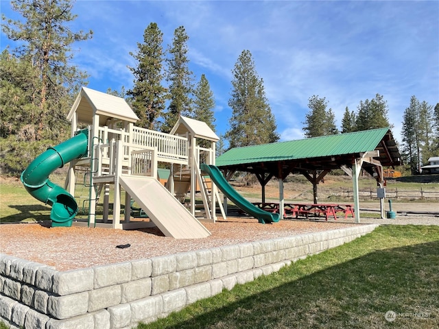 view of jungle gym with a yard