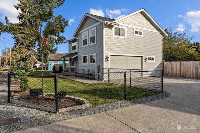 view of property exterior featuring a garage and a lawn