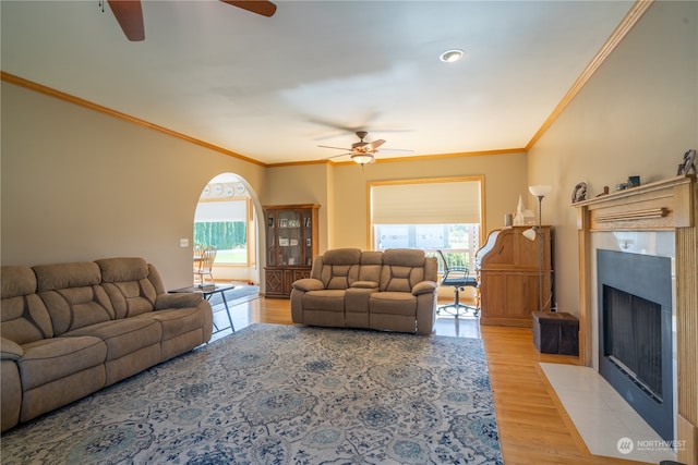 living room featuring ceiling fan, light wood-type flooring, crown molding, and a fireplace