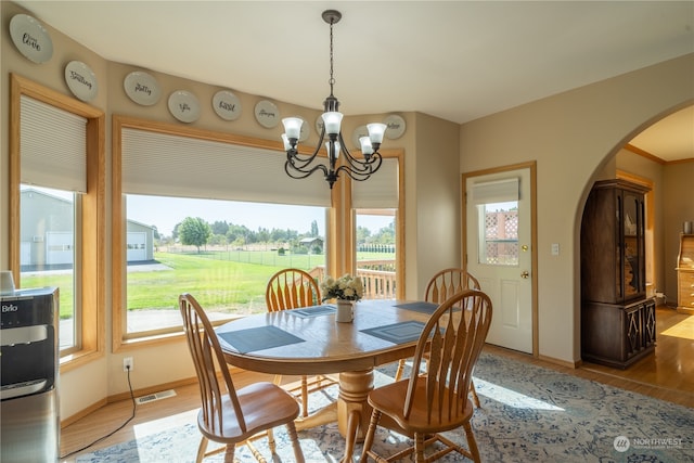 dining room with a notable chandelier, hardwood / wood-style floors, and a wealth of natural light