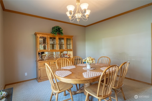 carpeted dining space with an inviting chandelier and crown molding