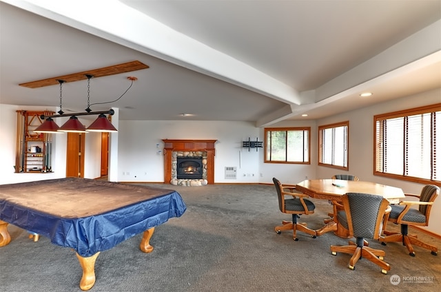 rec room featuring a stone fireplace, beam ceiling, carpet flooring, and pool table