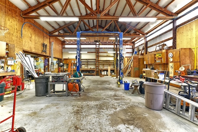 garage with a workshop area