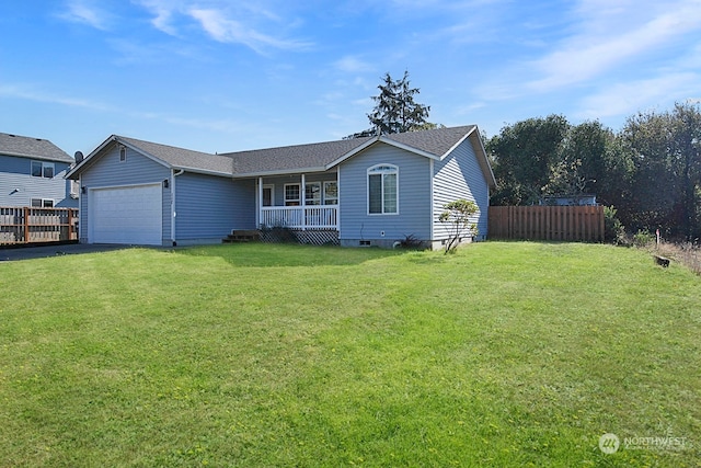 ranch-style house featuring a garage, a front lawn, and a porch