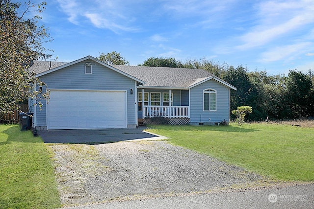 single story home with a front lawn, a garage, and a porch