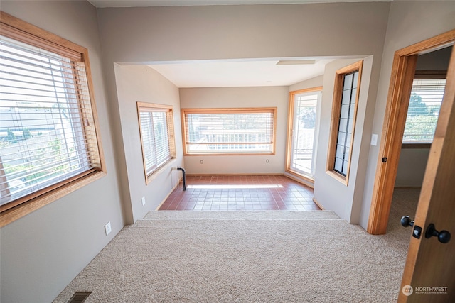 interior space featuring light carpet