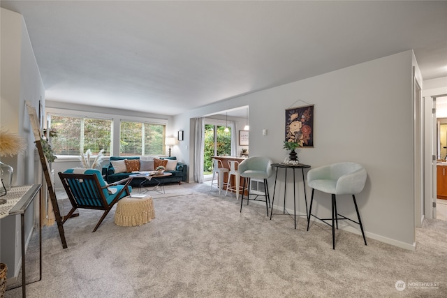 sitting room featuring light colored carpet