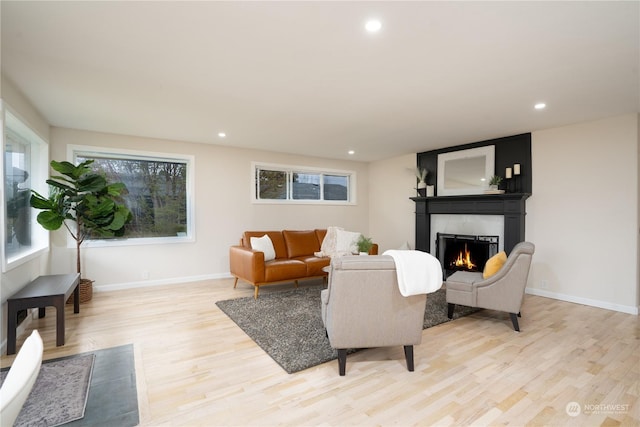 4109 N Huson St, Tacoma, WA 98407 - living room with a lit fireplace, a wealth of natural light, and light wood-style floors